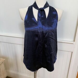 Maeve Anthropologie Navy Blue Satin Tie Neck Halter Blouse Sleeveless Top Size 2